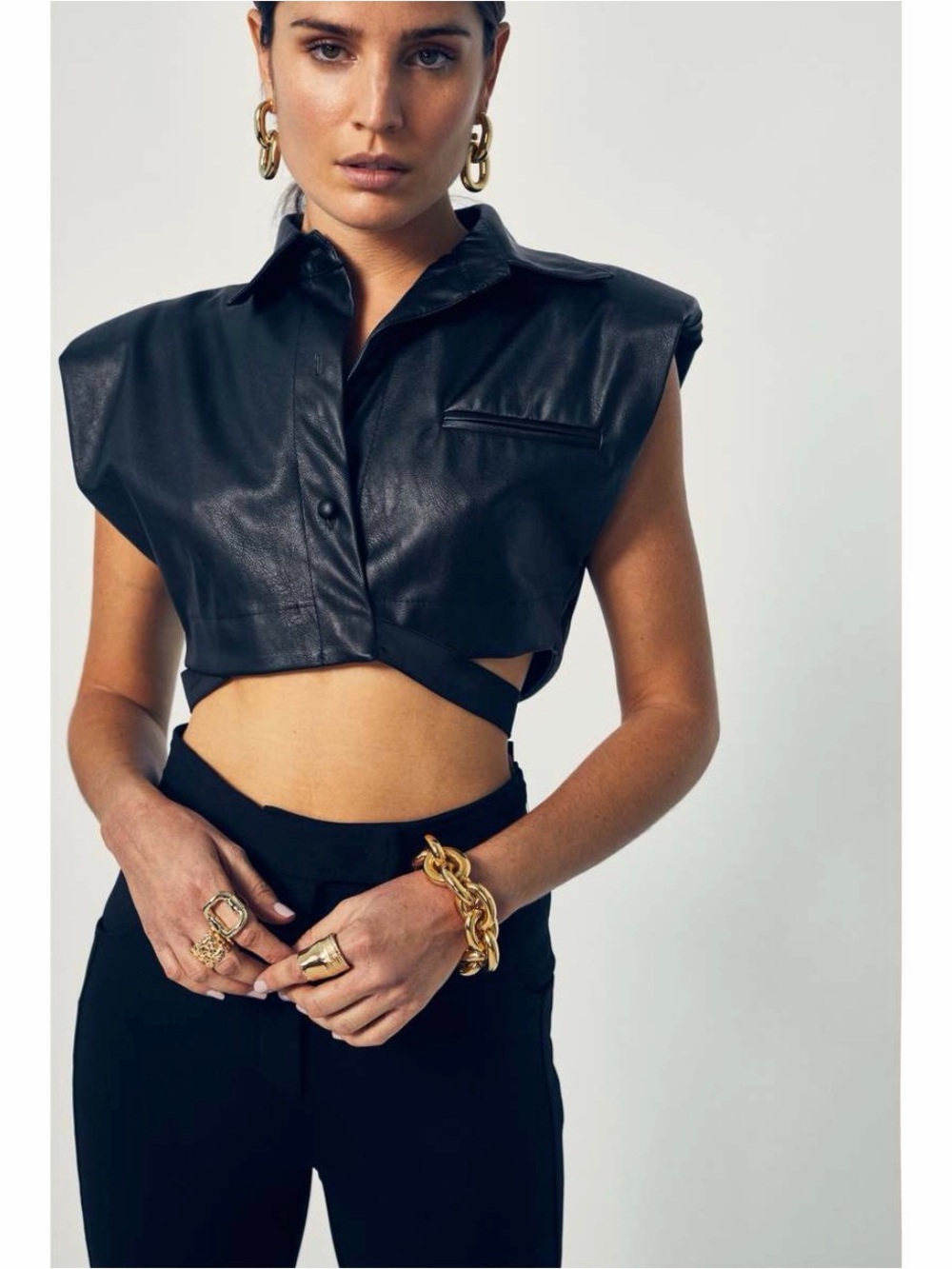 NONCHALANT Black Faux Leather Cropped Button-Down Shirt